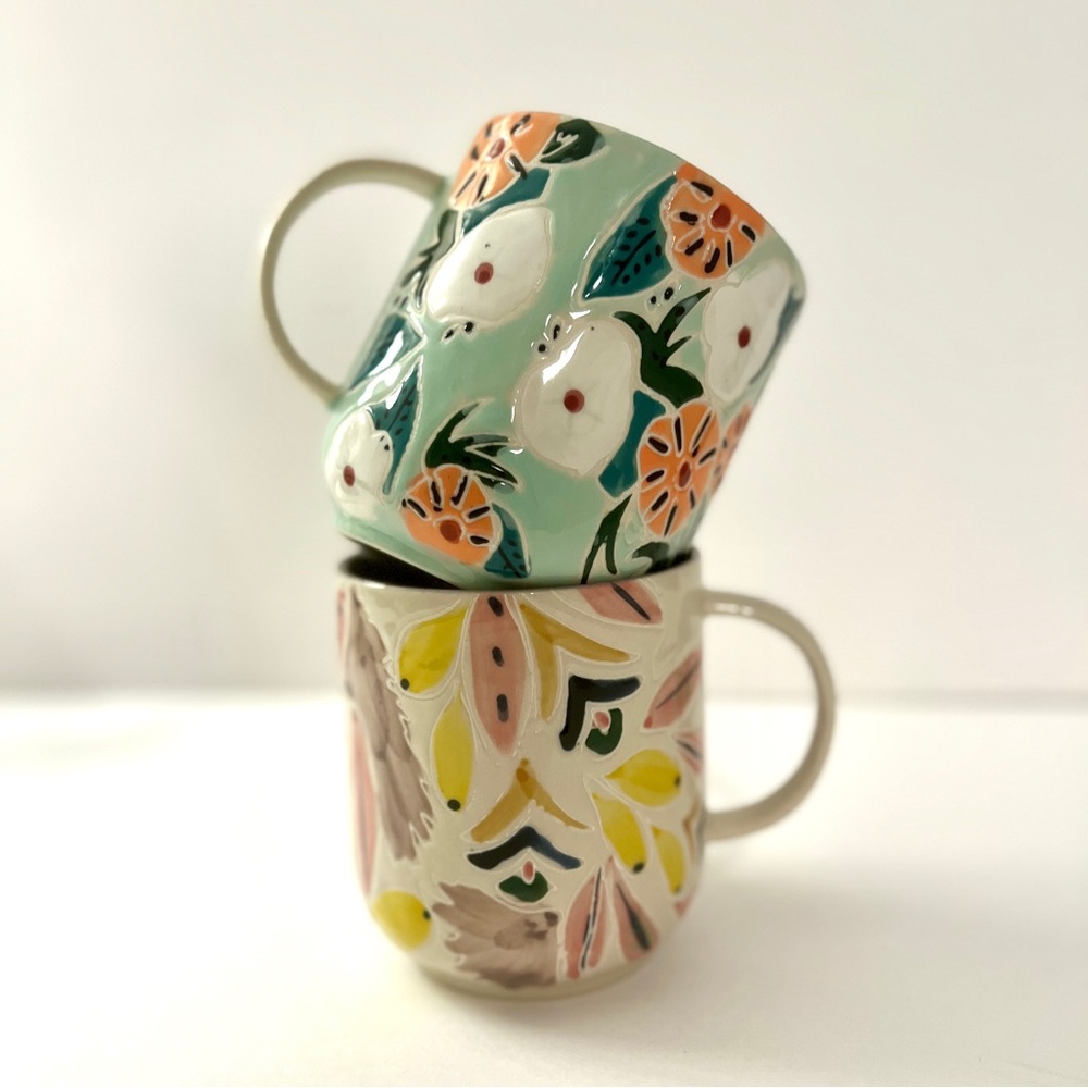 Set of 2 Anthropologie Mathilde Mugs Floral Handpainted Stoneware